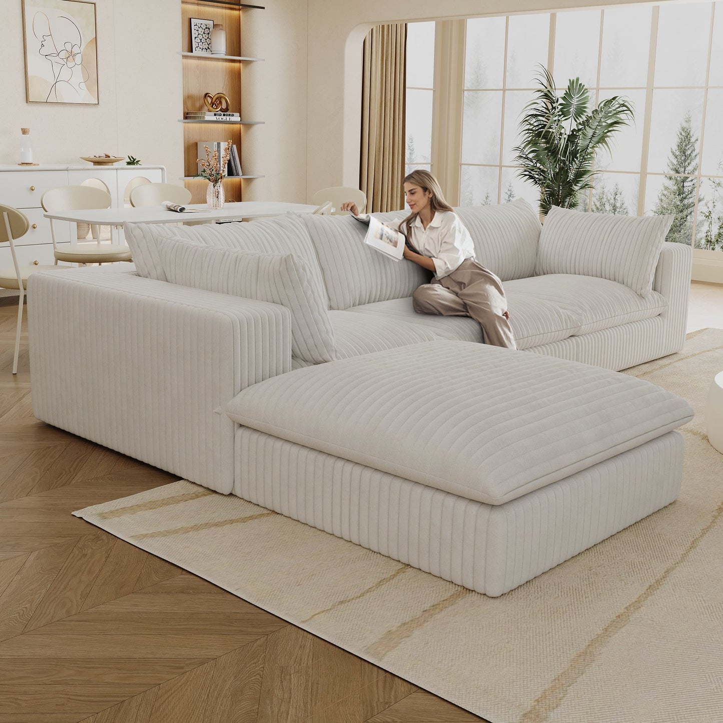 NEW 118.2' Cloud White Corduroy Fabric Deep Seat Double-Layer Design Couch Sofa with Removable Cushion