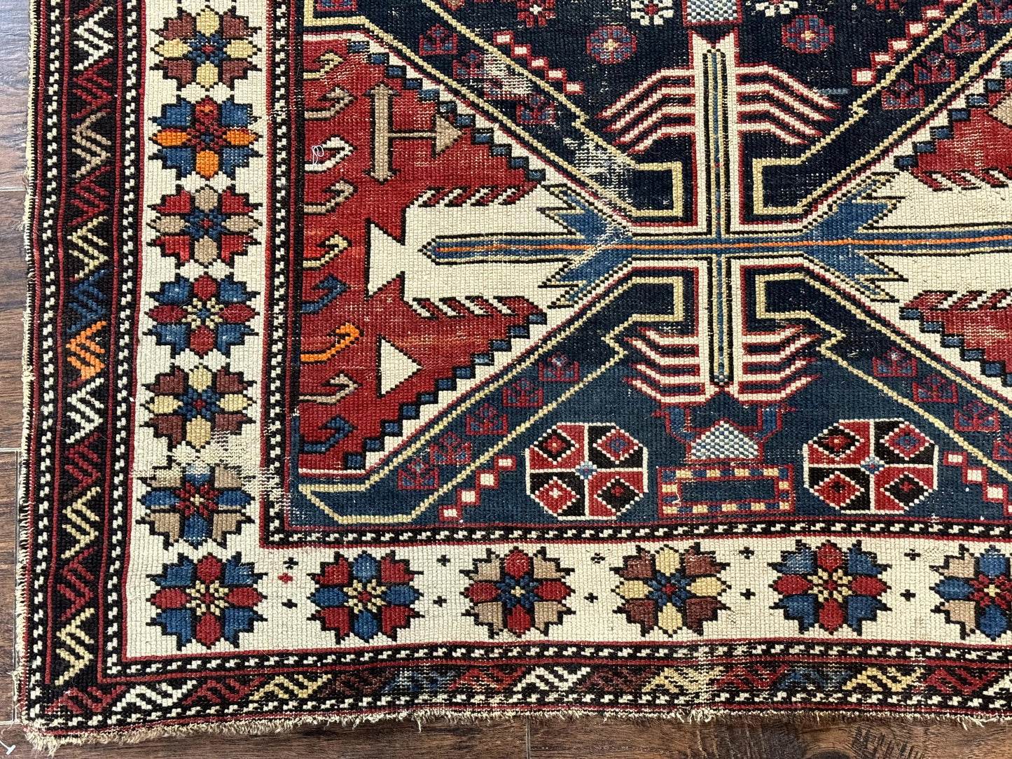 USED Antique Shirvan Caucasian Rug 3x5, Geometric Pattern, Red Navy Blue Beige