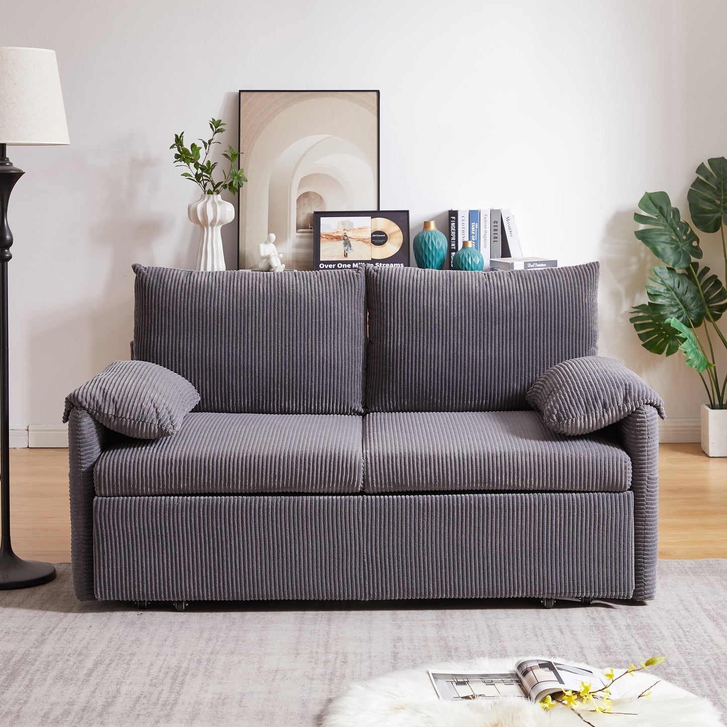 NEW MH'' 3-in-1 Adjustable Sleeper 64.5 Inch Soft Corduroy Convertible Sleeper Sofa Bed with Pullout Bed 2 Pillows and Side Pockets