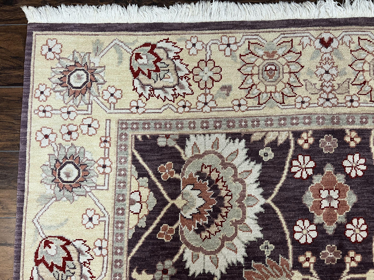 USED Vintage Indo Mahal Area Rug 6x9, Indian Persian Oriental Carpet 6 x 9, Puce Eggplant Tan Beige Rug, Hand-Knotted, Large Floral Design Wool
