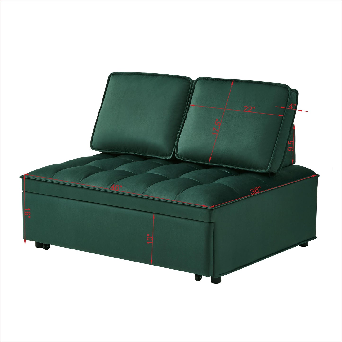 NEW Convertible Modern Green Velvet Fabric Double Seat Loveseat Sleeper Sofa Bed with 2 Detachable Backs