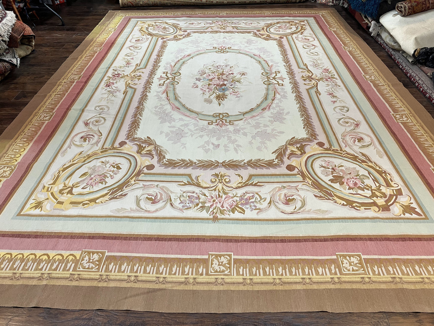 USED Large Aubusson Rug 11x15, Oversized Gallery Palace Size Flatweave Savonnerie Carpet 11 x 15 ft, Wool Handmade Vintage Elegant European