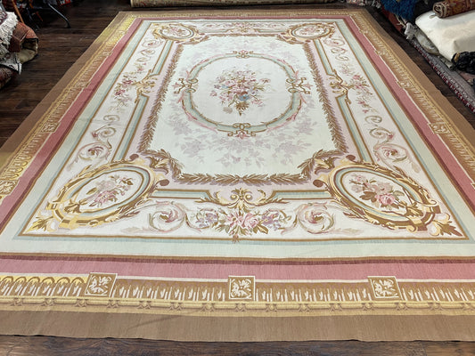 USED Large Aubusson Rug 11x15, Oversized Gallery Palace Size Flatweave Savonnerie Carpet 11 x 15 ft, Wool Handmade Vintage Elegant European