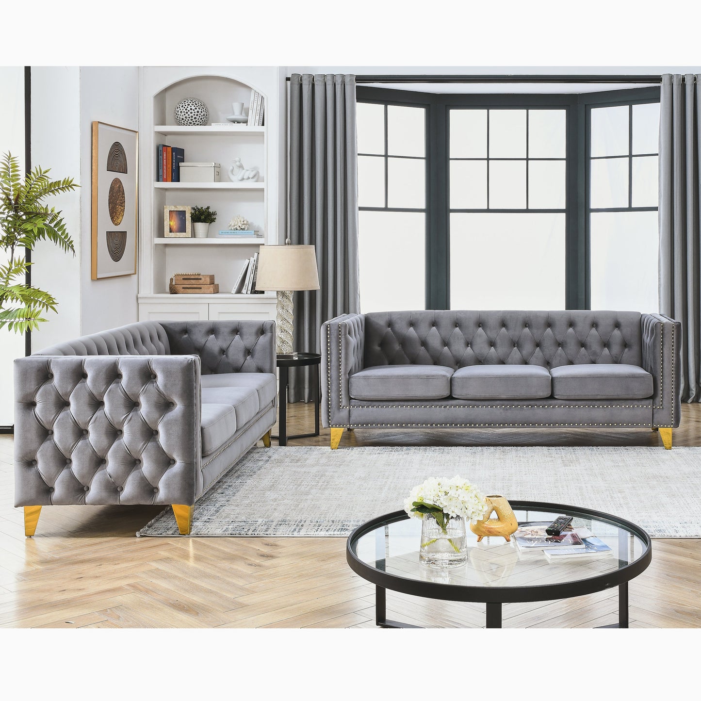 NEW Velvet Sofa for Living Room, Buttons Tufted Square Arm Couch, Modern Couch Upholstered Button and Metal Legs, Sofa Couch for Bedroom, Grey Velvet .2PCS