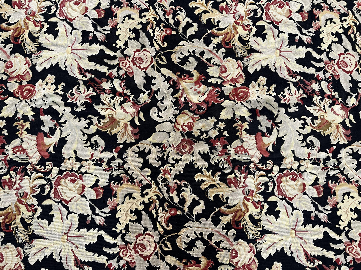 USED Wool Needlepoint Rug 9x12, William Morris Vintage Chinese Needlepoint Carpet 9 x 12, Handwoven, Allover Floral Area Rug, Black Light Green