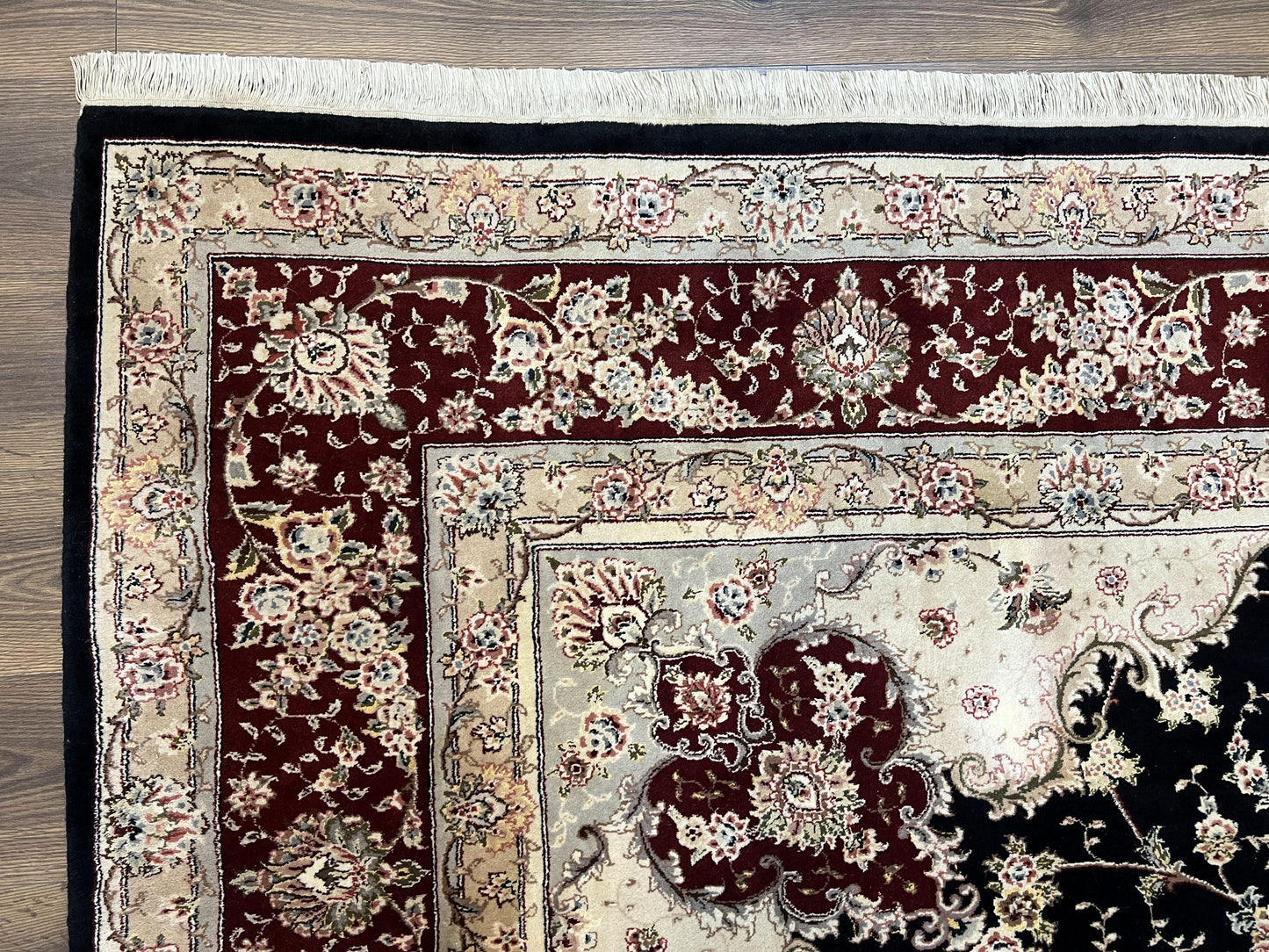 USED Pak Persian Rug 8.8 x 10.6, Floral Medallion, Wool and Silk Hand Knotted Fine Oriental Carpet, Elegant Rug, Black Gray Burgundy, Room Sized