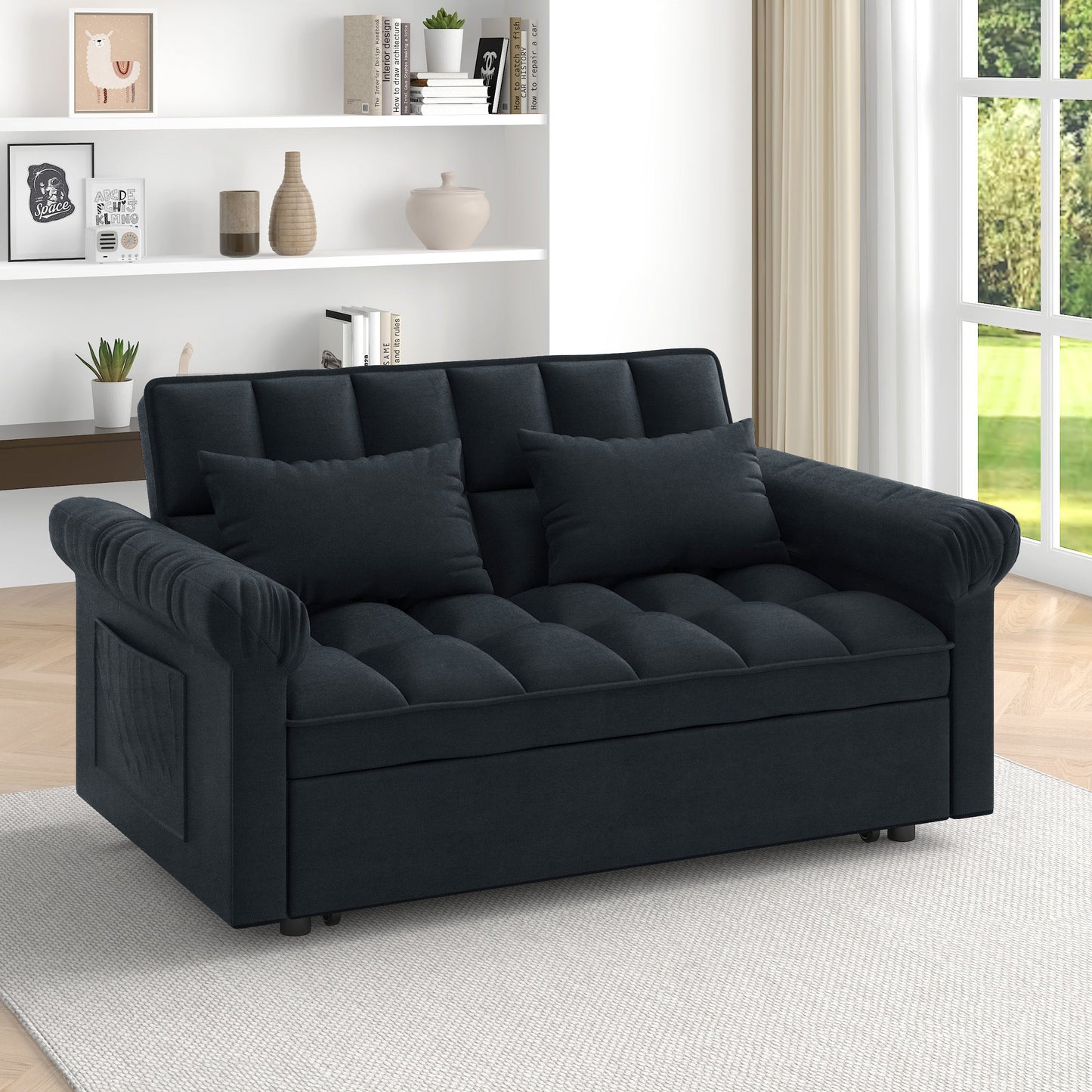 NEW Black Adjustable Back Loveseat Sofa Bed with Pull-out Bed