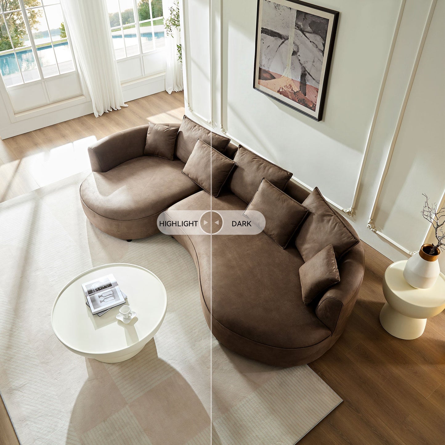 NEW 128.74 Inch Modern Brown Sectional Curved Leathaire Upholstered 5-Seat Sofa Couch