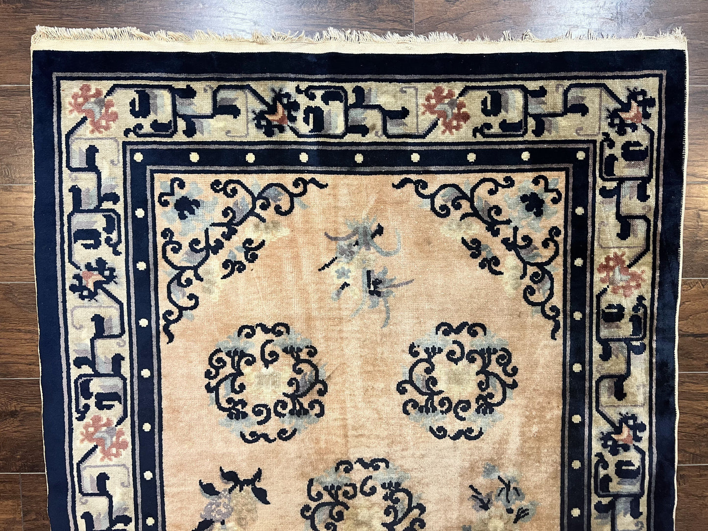 USED Chinese Peking Rug 4x6, Wool Hand Knotted Handmade Vintage Semi Antique Carpet, Semi Open Field, Light Peach & Navy Blue, Art Deco Rug