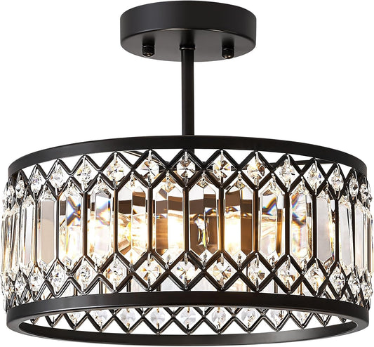 NEW Crystal Black Three Light Semi Flush Mount Ceiling Light