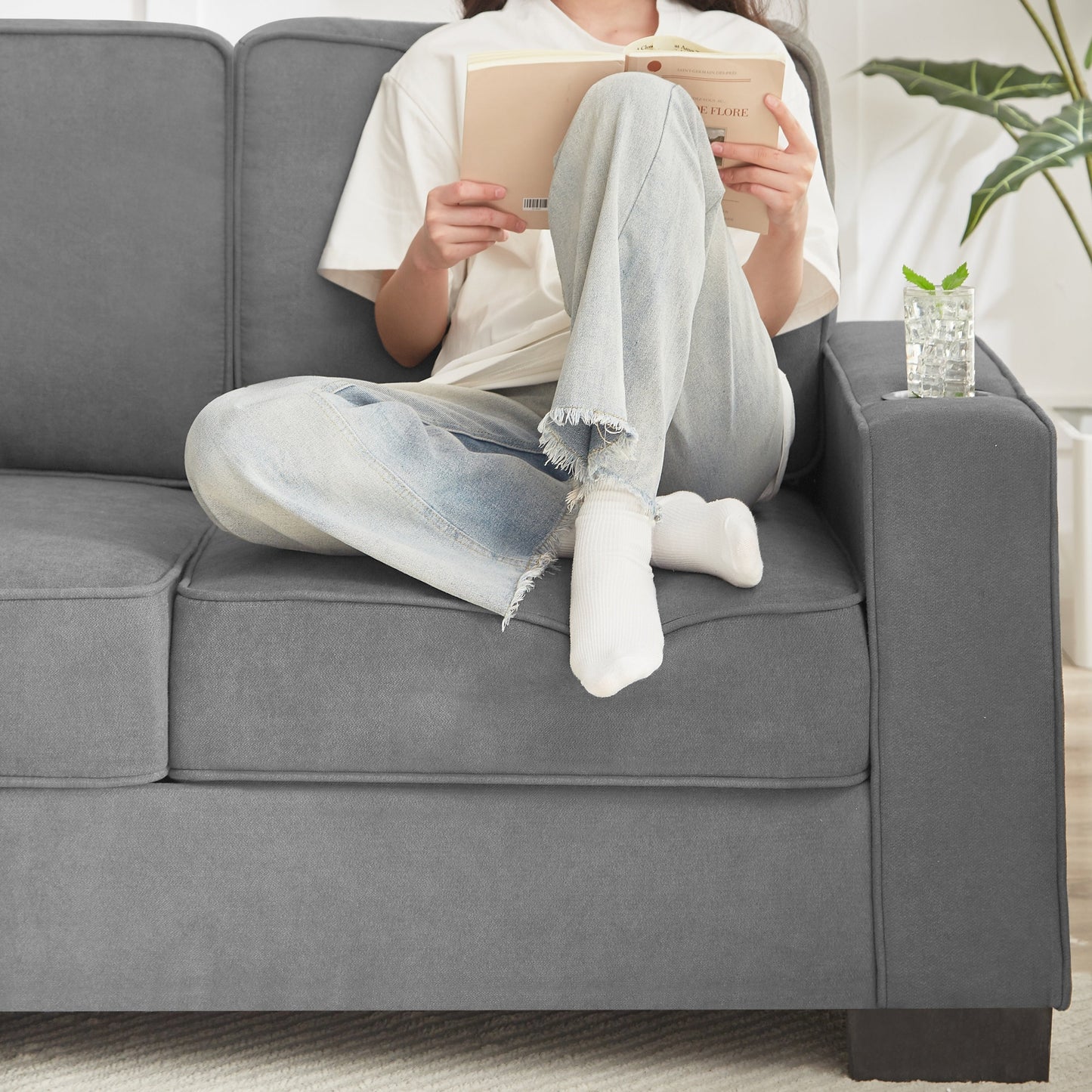 NEW Modern Snow Fleece Fabric 3-Seater Sofa with Cup Holders in Gray