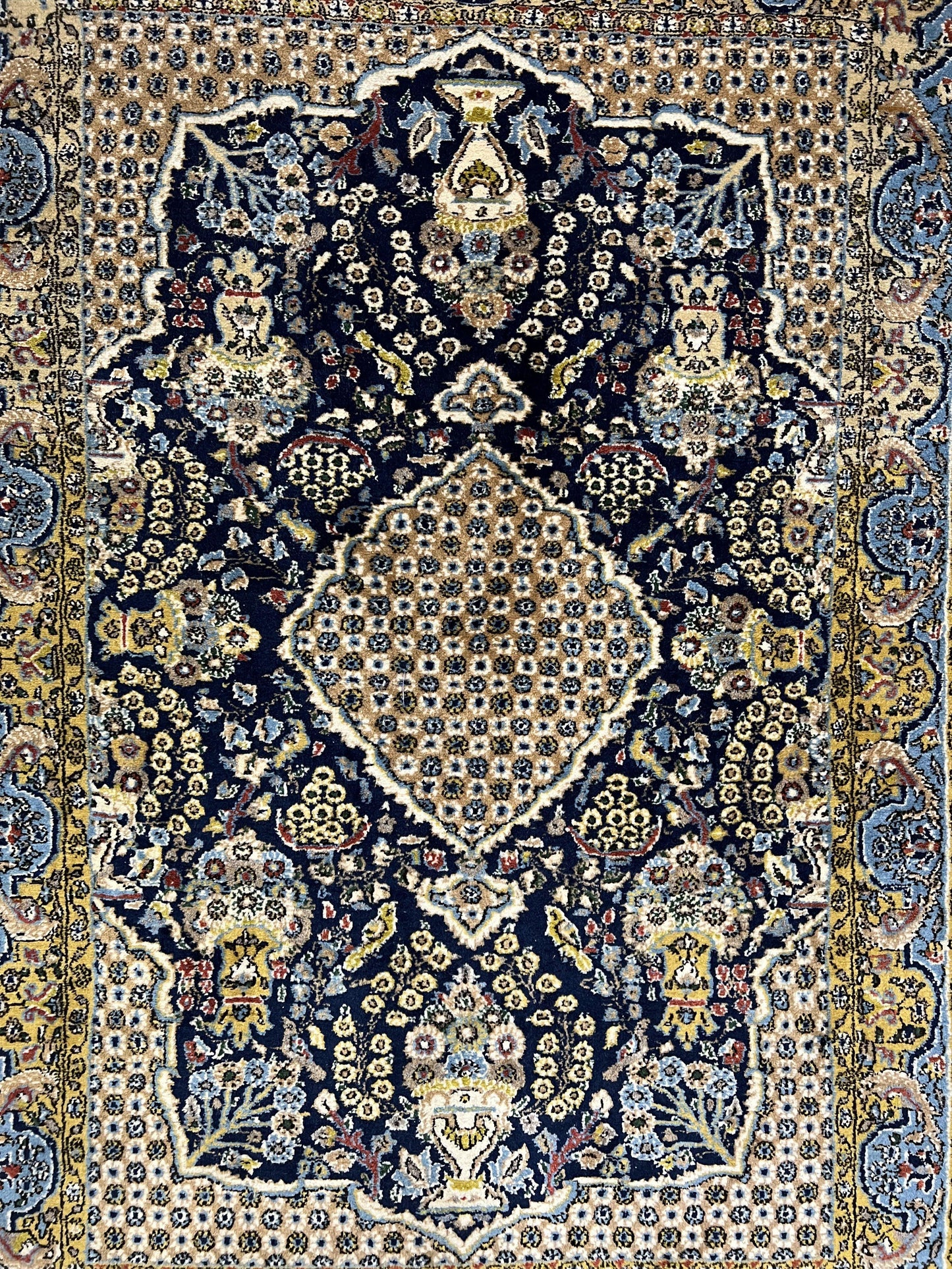 USED Fine Persian Qum Rug 3x5, Semi Antique Vintage Oriental Ghom Carpet, Floral Medallion, Highly Detailed, Hand Knotted, Navy Blue, Wool Area Rug, Birds