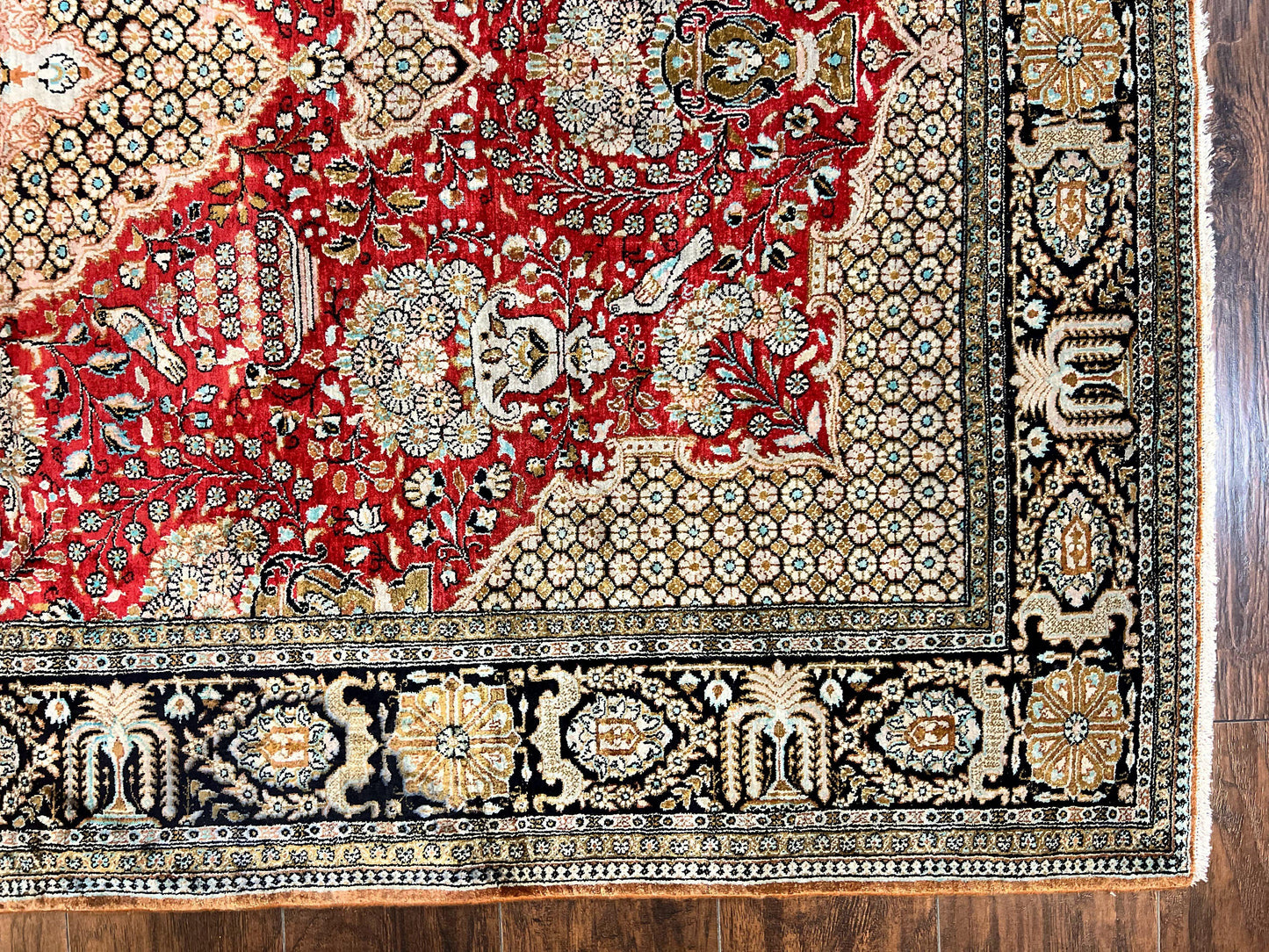 USED Wonderful Persian Silk Rug 5x7, Birds Floral Vases, Red, Hand Knotted Silk Fine Oriental Carpet, Handmade Vintage, Persian Qum Rug, 400 KPSI