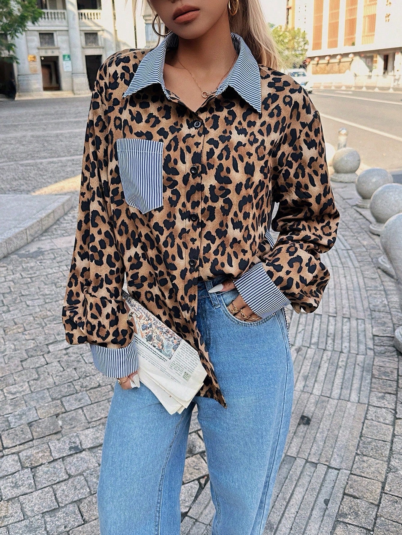 New INS Leopard Striped Patchwork Shirt Fashion Casual Long-sleeved Button Lapel Top Women's Clothing