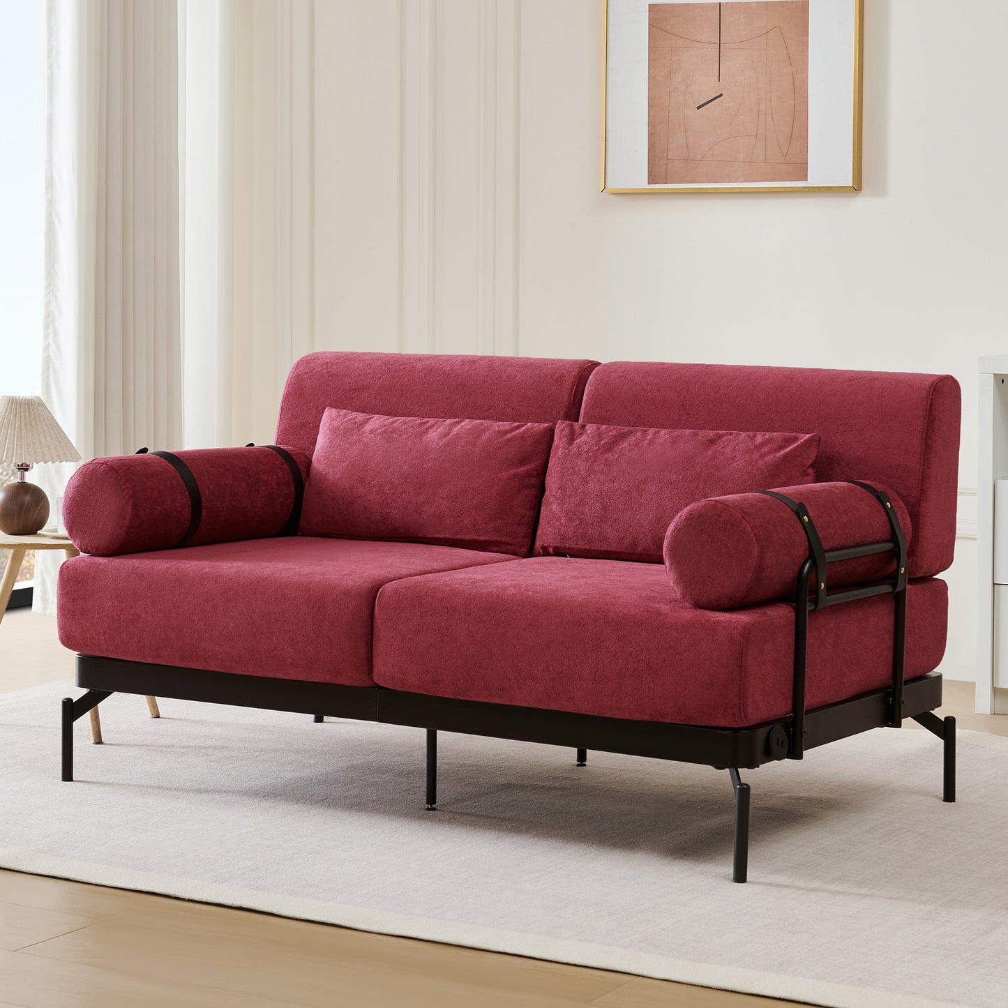NEW Modern Red Chenille Loveseat 59' Sofa Couch 2-Seater with USB Ports Unique Cylindrical Armrests