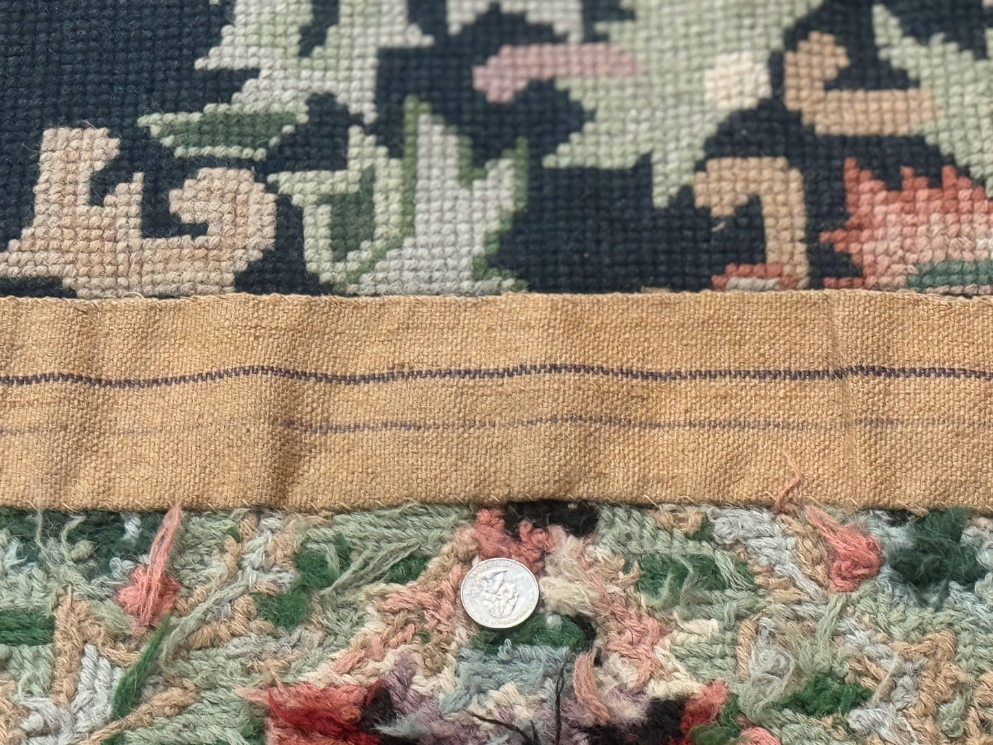 USED Vintage American Needlepoint Rug 4x6, Dark Green, Wool, Handmade, Flatweave Carpet