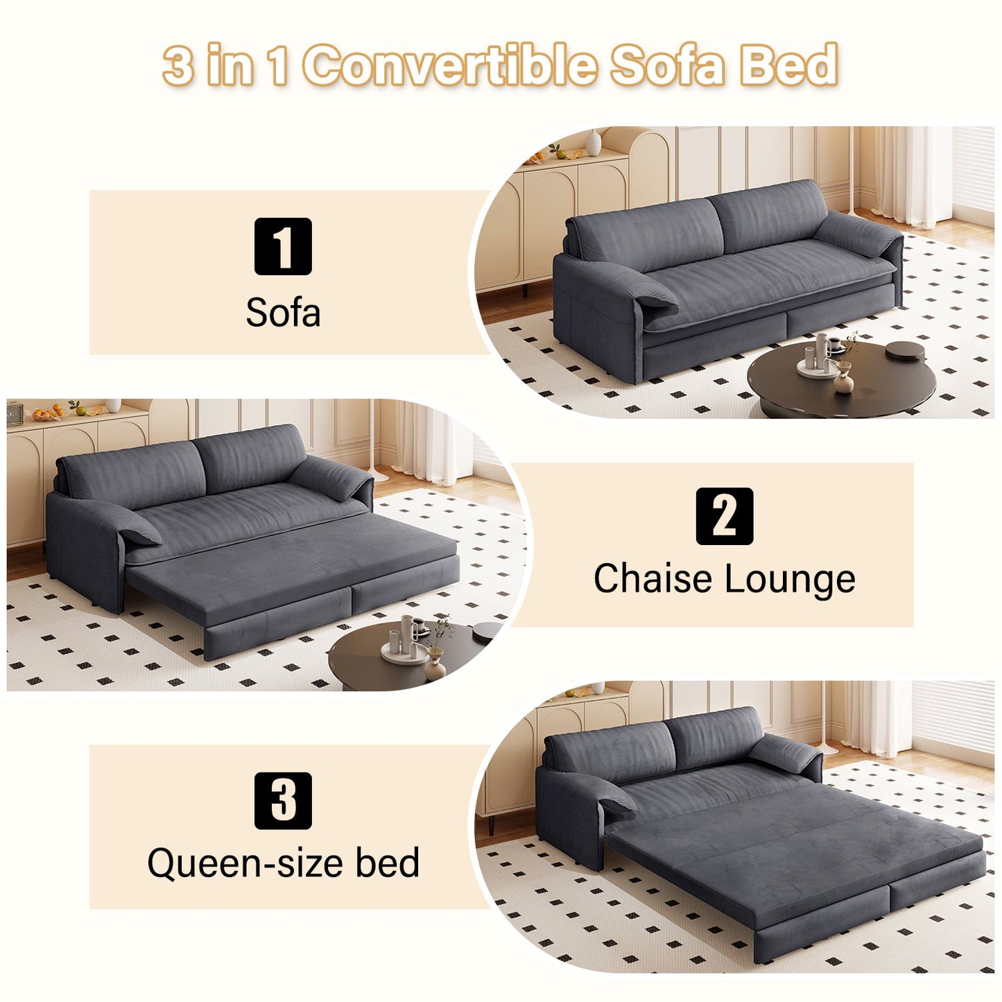 NEW 66' Queen Pull Out 3-in-1 Convertible Sleeper Sofa Bed Multi-Functional Velvet Loveseat with Side Storage