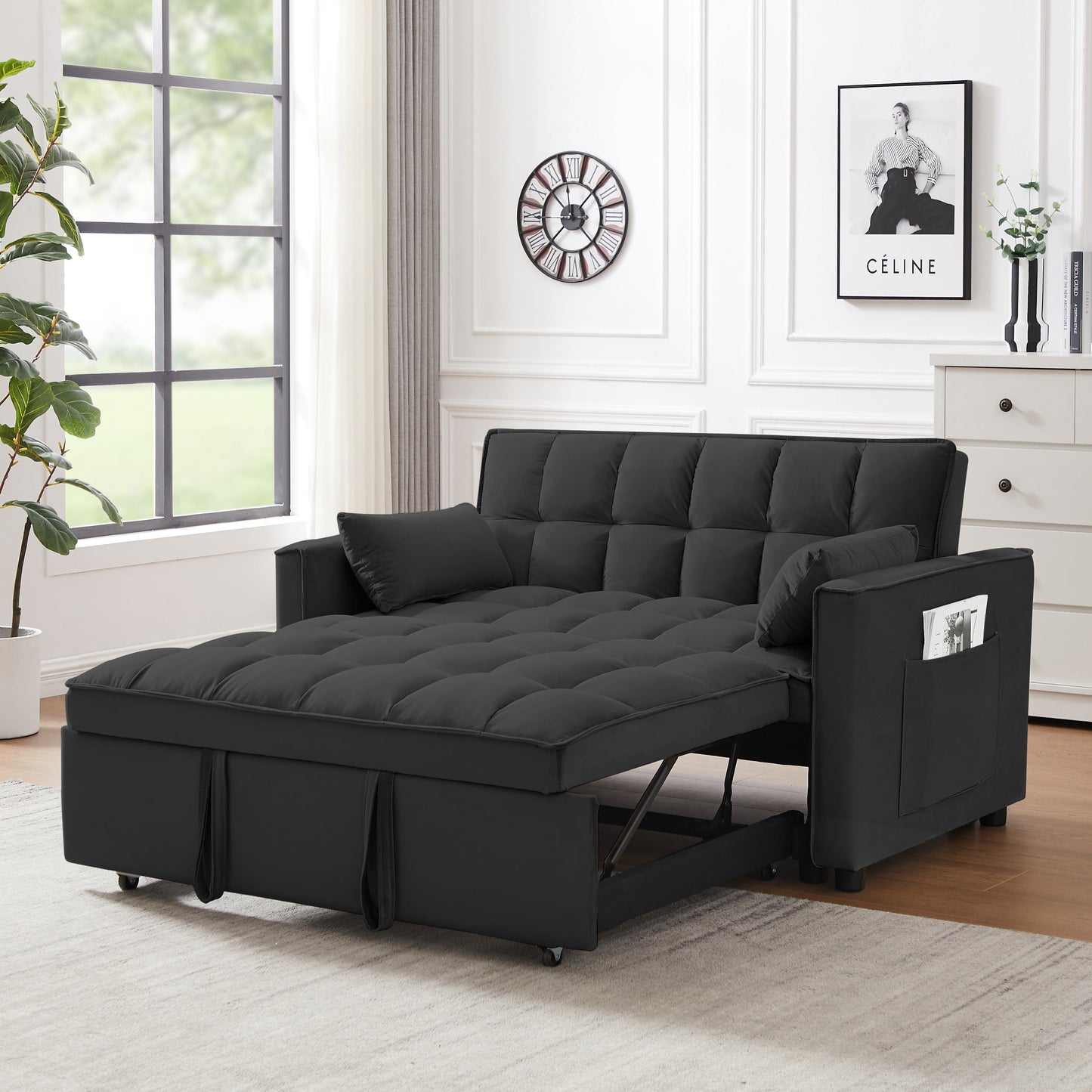 NEW Modern Velvet Convertible Loveseat Futon Sofa with Pullout Bed, Reclining Backrest, Black
