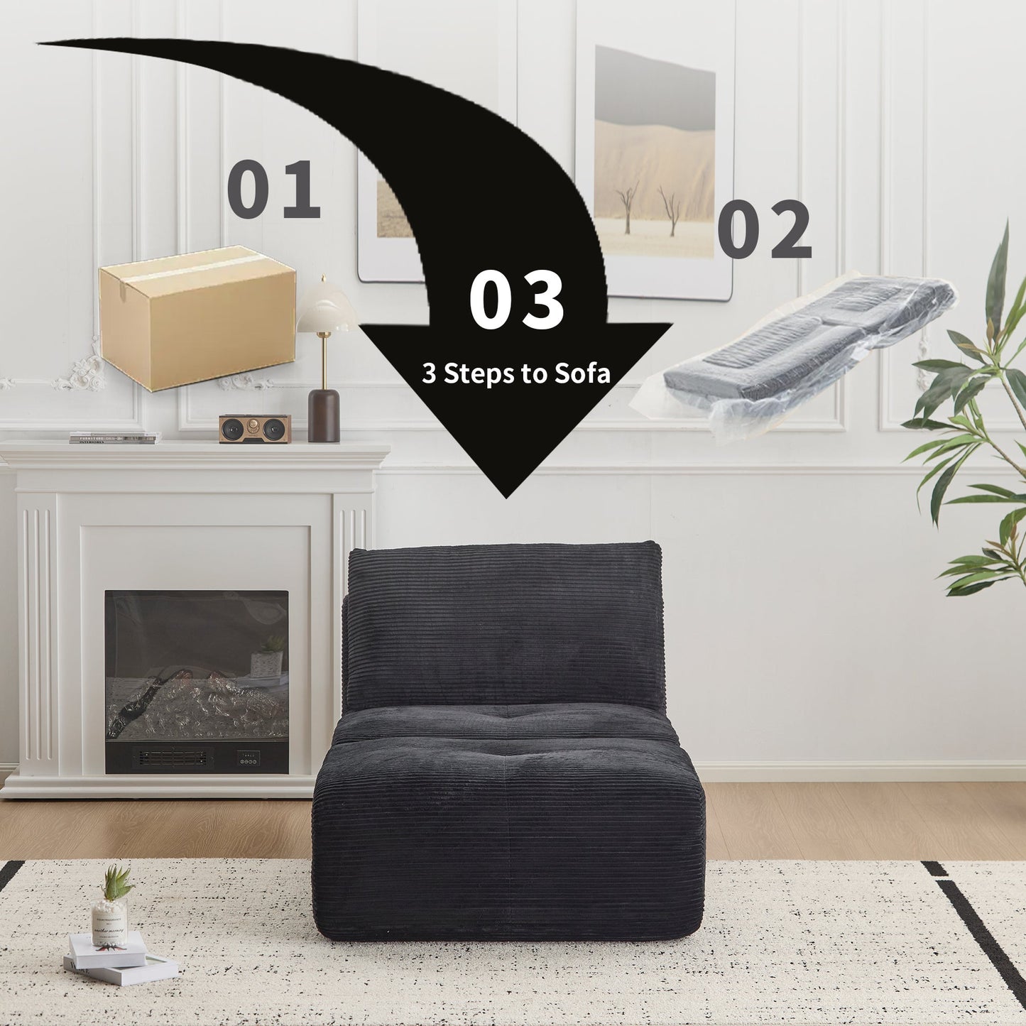 NEW Modern Black Corduroy Fabric Memory Foam Compressed Single Chaise Lounge Cloud Modular Sectional Sofa with Movable Ottoman