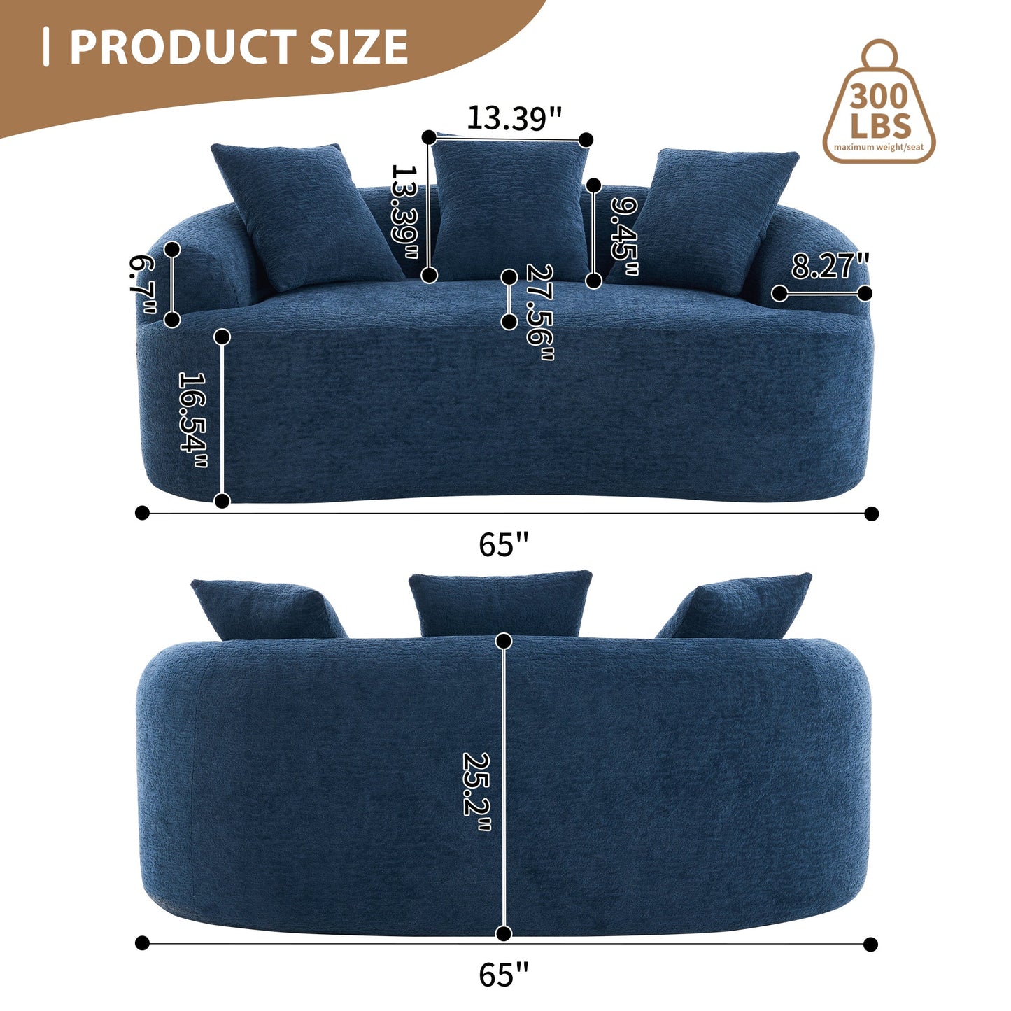 NEW LY-025S Chenille  Curved Loveseat Blue Full Compression Sponge Sofa with 3 Pillows