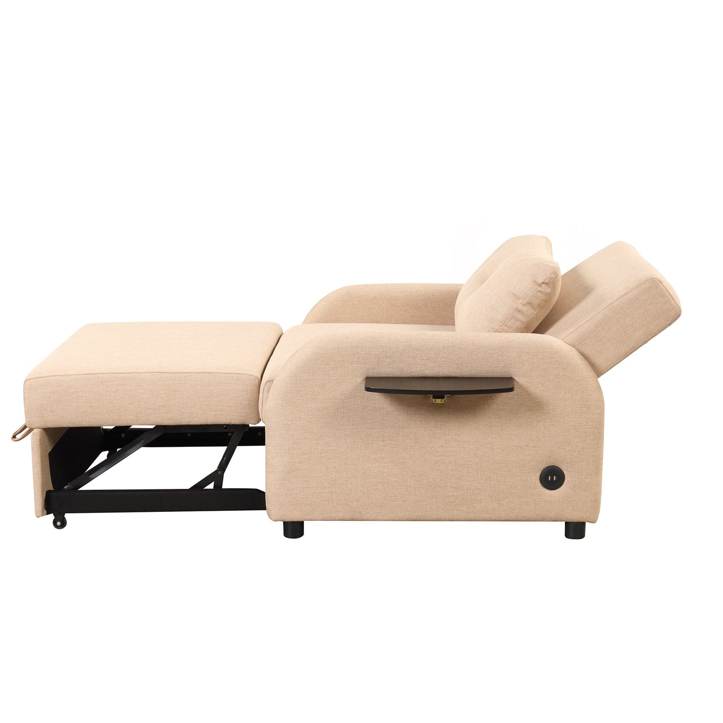 NEW Versatile Pull Out Sofa Sleeper 3 in 1 with Wing Table & USB Charge, Beige Linen, Compact Design
