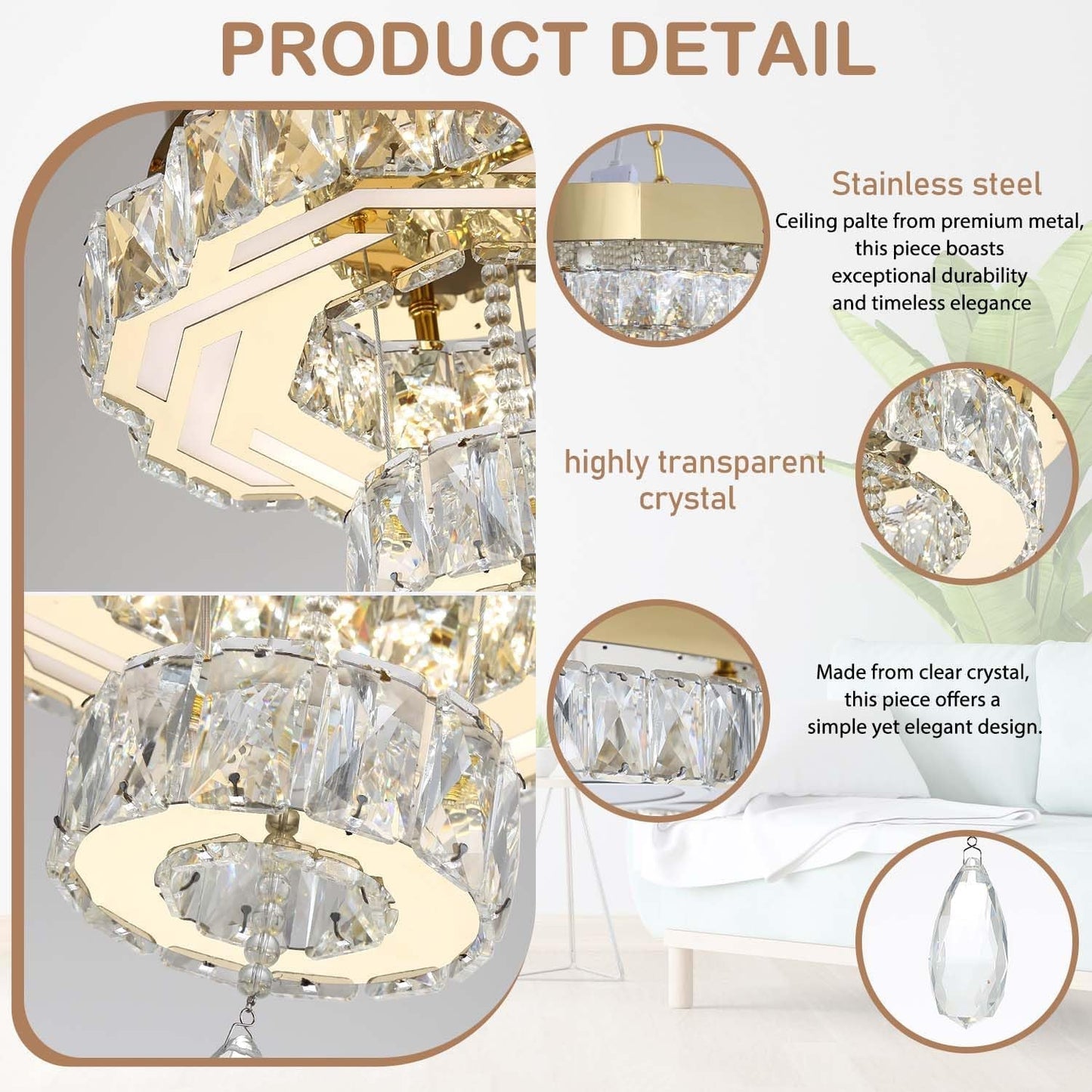NEW Gold Crystal Chandelier 12 Inch Dimmable Flush Mount