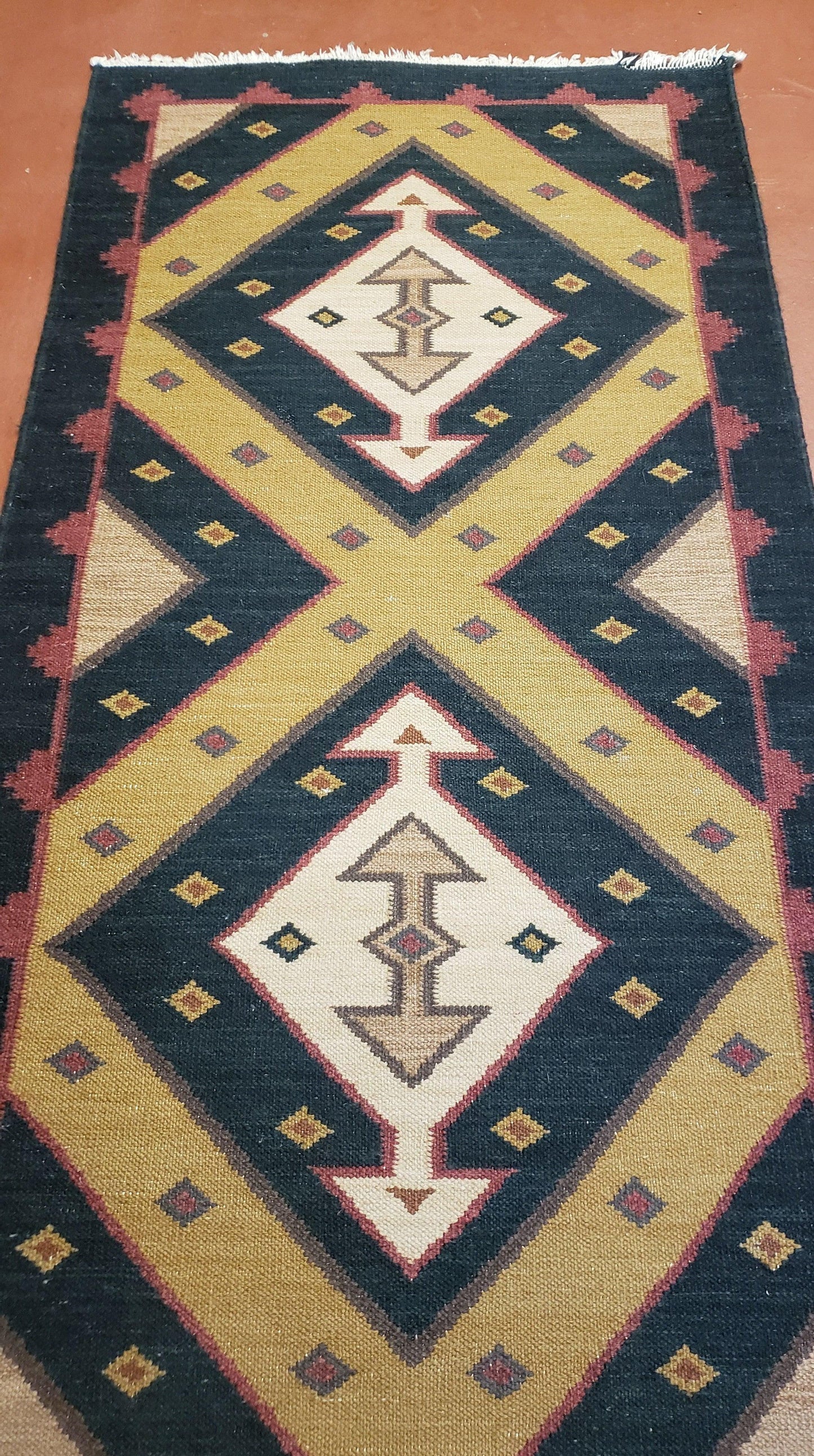 USED Vintage Indian Kilim Runner Rug, Geometric Flatweave Hand-Knotted Wool Kitchen Hallway Runner, Black Gold & Beige, 2' 8" x 9' 9"