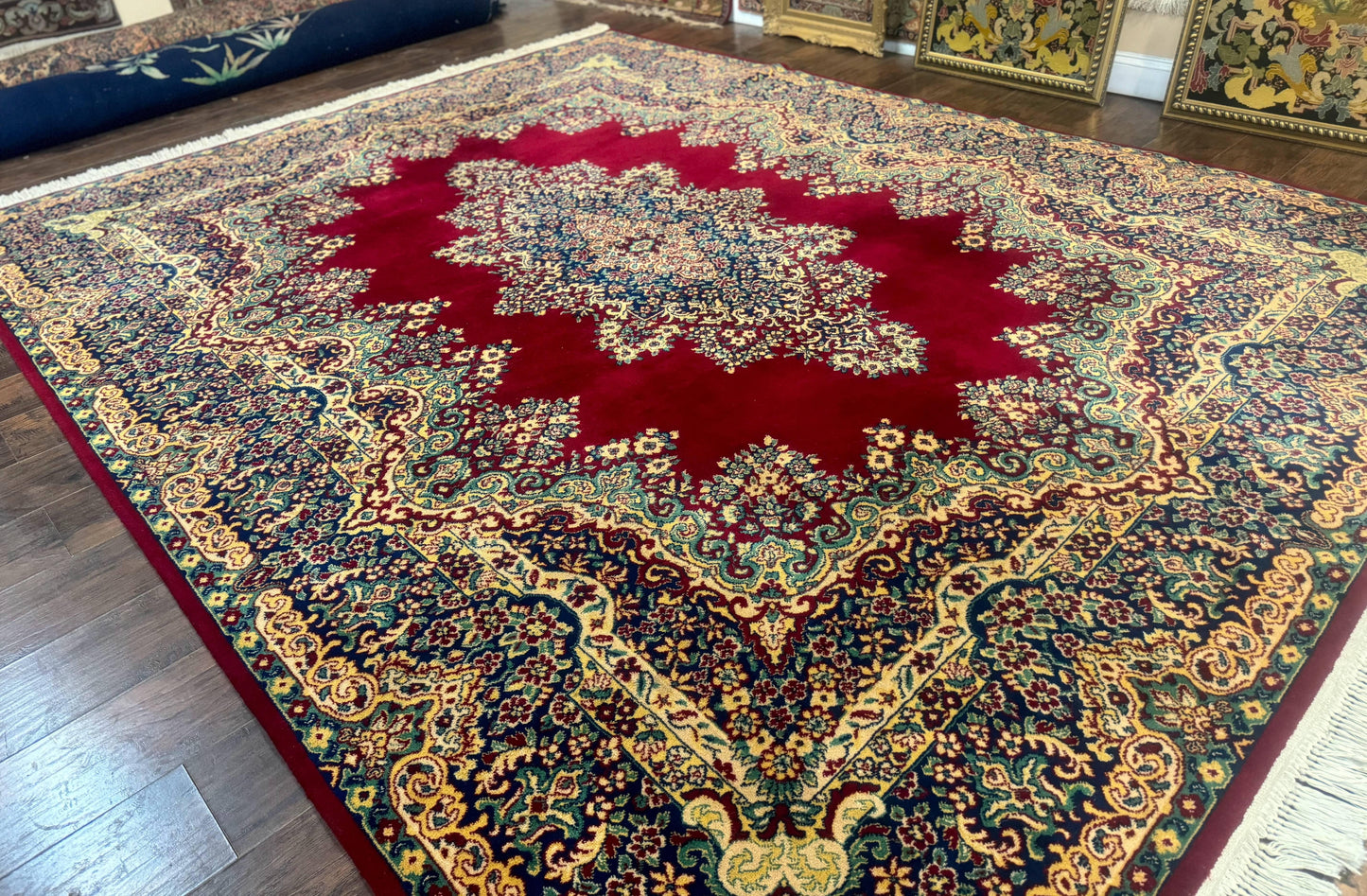 USED Power Loomed Persian Oriental Rug 9x12, Vintage Wool Pile, Kirman Design