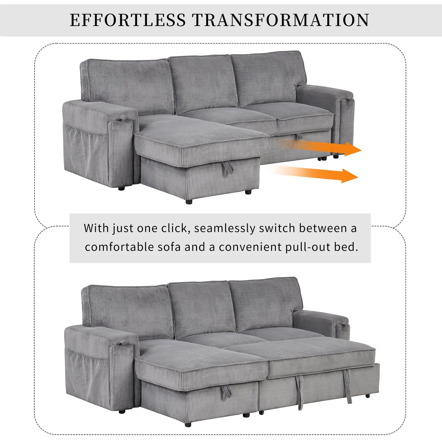 NEW U_STYLE Upholstery Sleeper Sectional Sofa with Storage Bags and 2 cup holders  on Arms