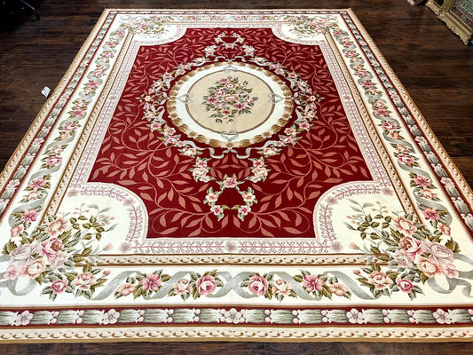 USED Wonderful Aubusson Rug 9x12, Handmade Vintage Needlepoint Carpet, Red and Ivory, Elegant European Design, Wool