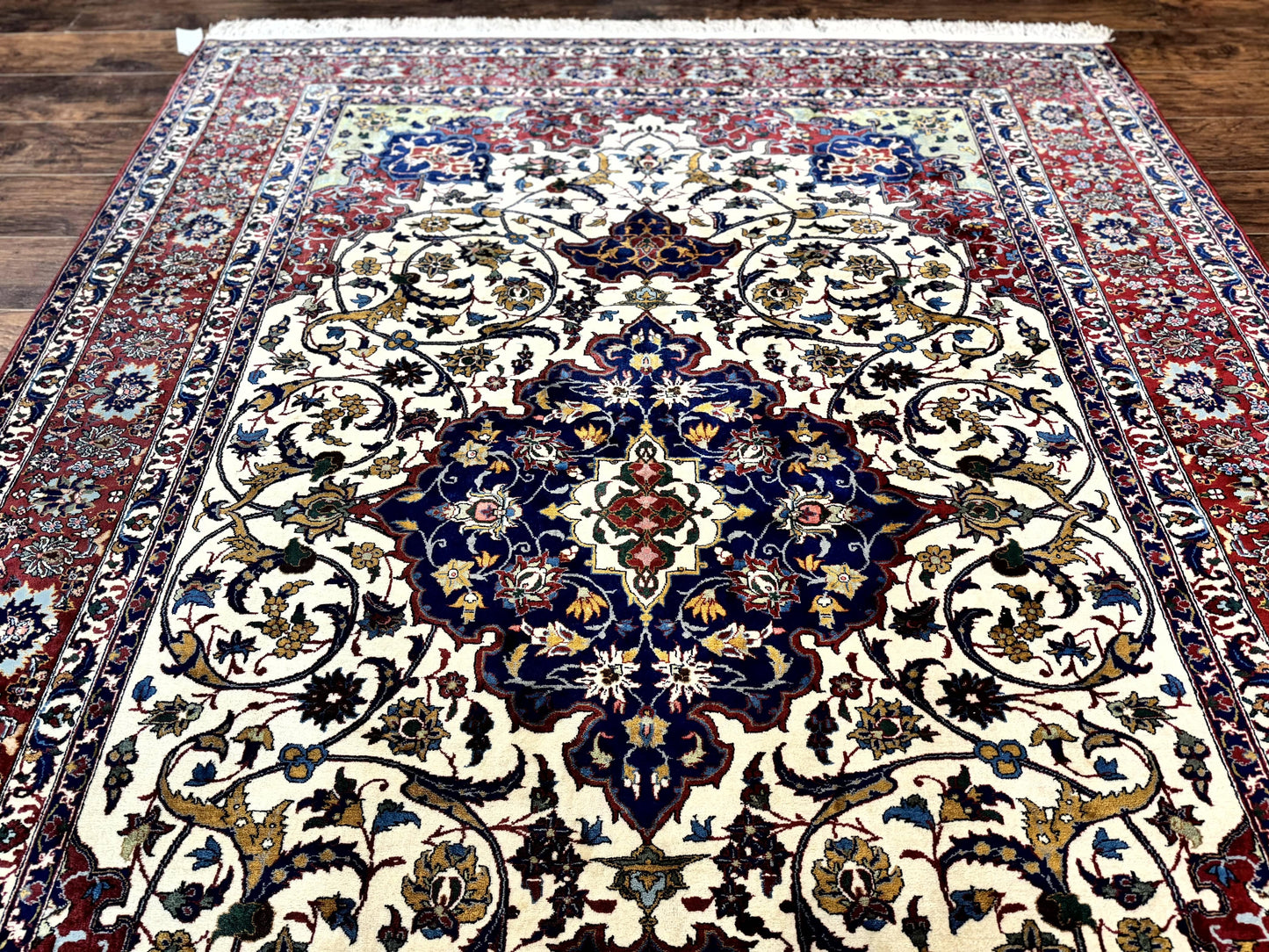 USED Wonderful Persian Isfahan Rug 7x9, Ivory Navy Blue Red, Floral Medallion, Very Finely Hand Knotted 260 KPSI, Handmade Wool Vintage Rug