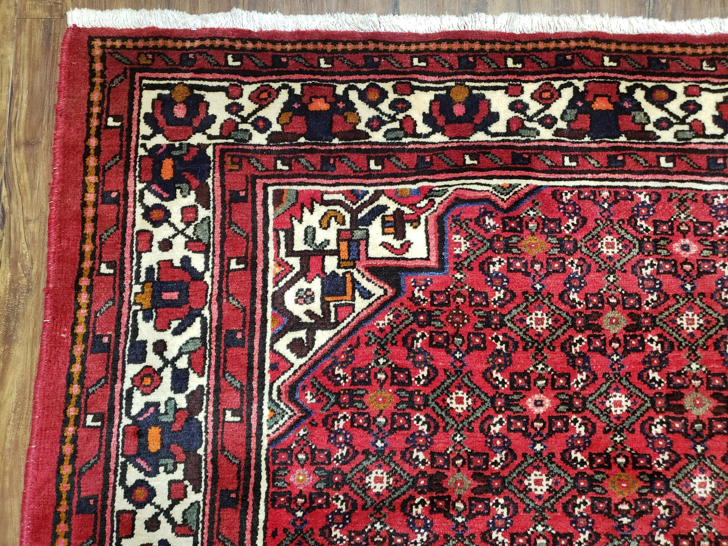 USED Vintage Persian Hamedan Rug 7x10, Angelas Mahi Pattern, Red, Wool, Hand-Knotted