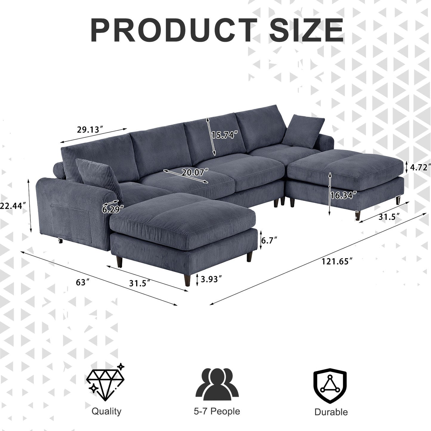 NEW Modern Gray Corduroy Oversized Modular U-Shaped Convertible Sectional Sofa Set with Pillow and Footstool