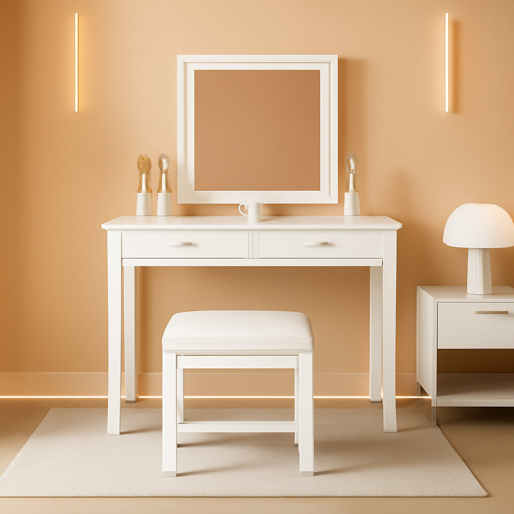 NEW 32 Inch White Vanity Desk With LED Mirror And Power Outlets