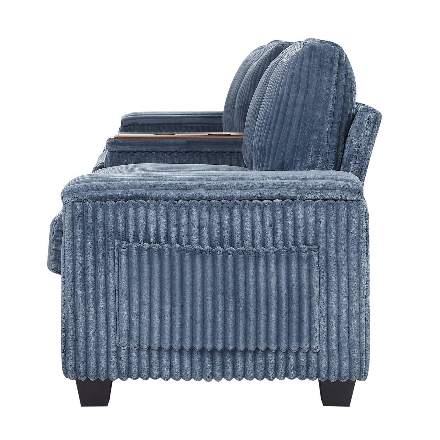 NEW Modern 4-Seater Corduroy Sofa Couch with USB Ports, Hidden Storage, Flip-Top Cup Holders, Blue, 133'