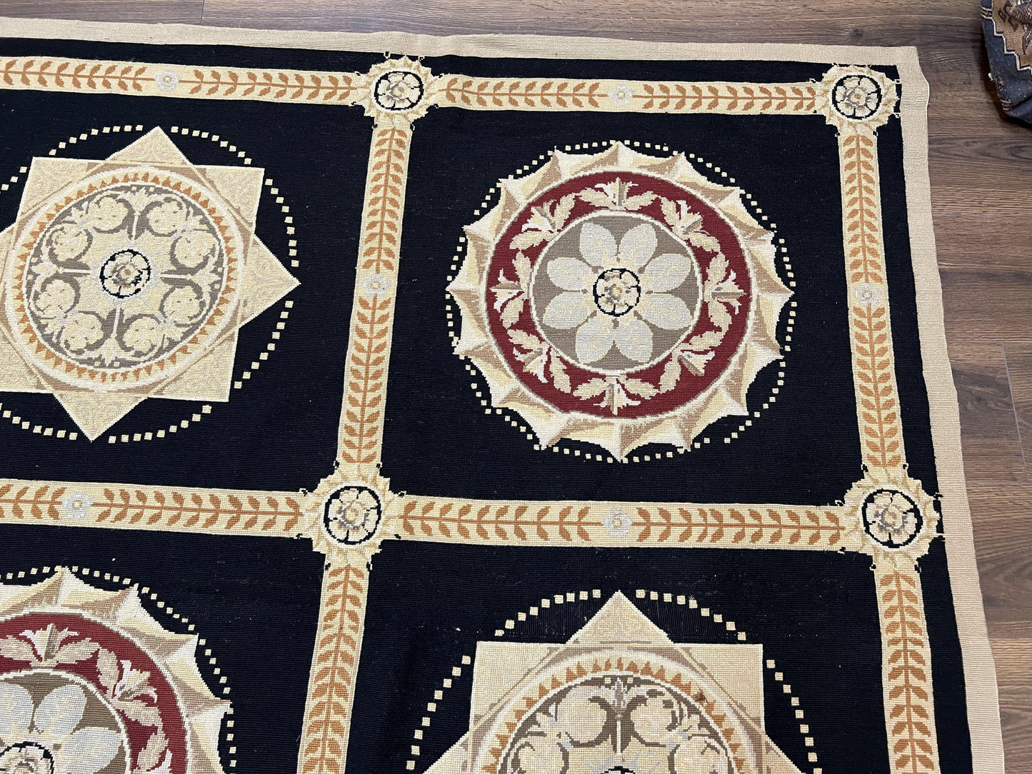 USED Large Needlepoint Rug 10x13, Panel Design, Black and Beige, Wool Needlepoint Carpet 10 x 13, English Garden, Handwoven Area Rug, Living Room