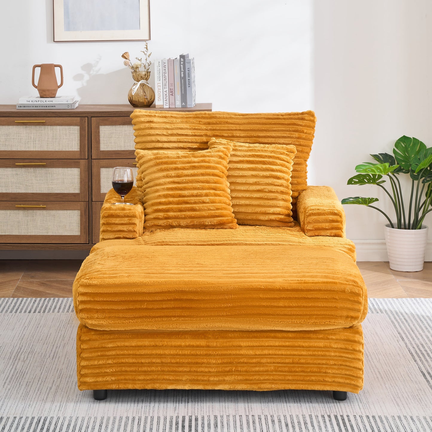 NEW 39-inch Corduroy Fabric Spring Upholstered Comfortable Single Sofa Armchair and Ottoman Set with Cup Holder