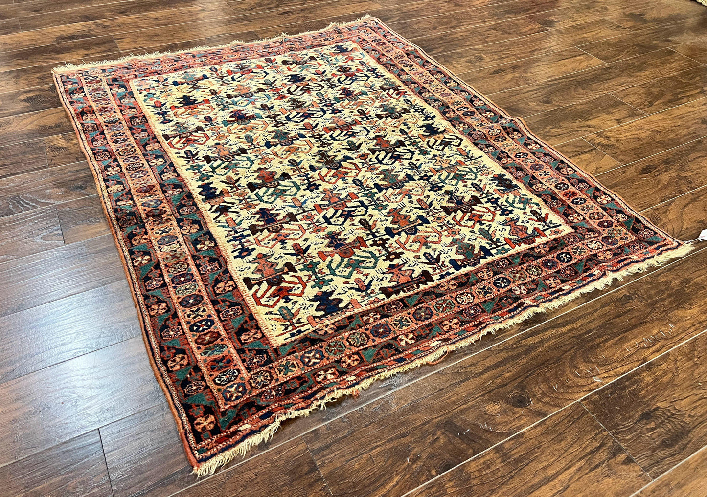 USED Persian Afshar Rug 5x6, Allover Repeated Motif, Wool Tribal Carpet, Handmade Semi Antique Rug