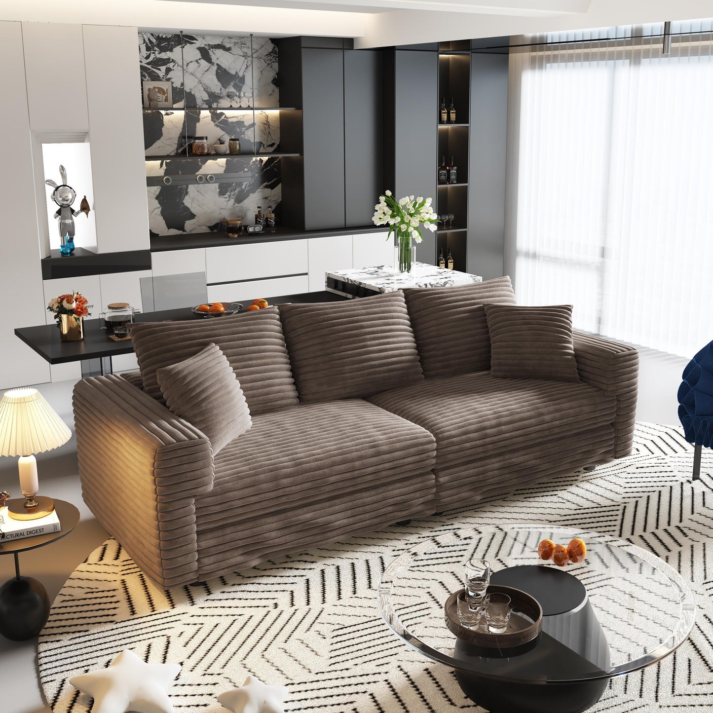 NEW 82.7' Modern Camel Plush Corduroy Comfy Upholstered 3-Seat Sofa Comfy Upholstered Cloud Deep Seat Couch with Soft Pillows and Ottoman