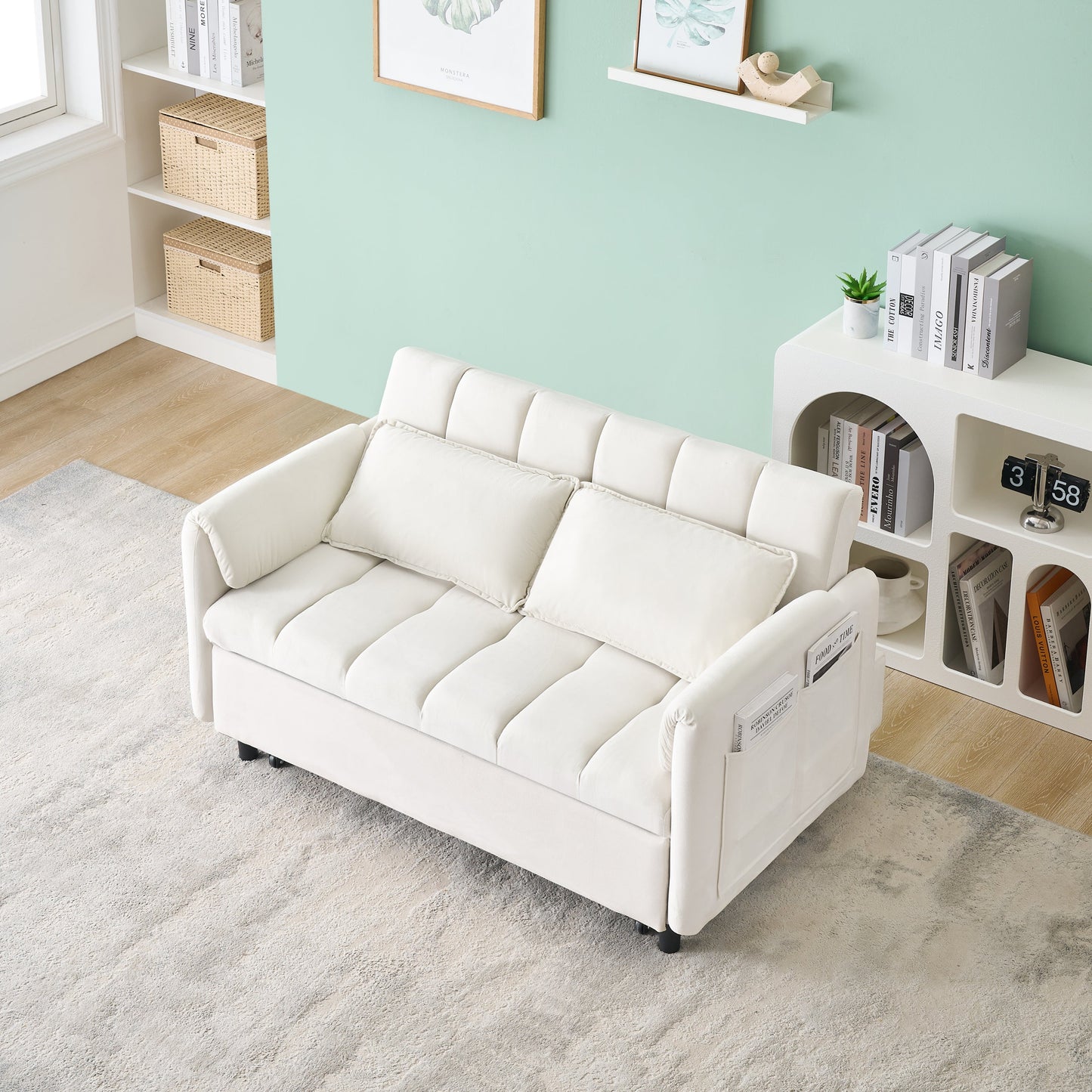 NEW 52 Beige Modern Velvet Sofa Pullout Bed Small Loveseat Casual Sofa with Pillow Pockets