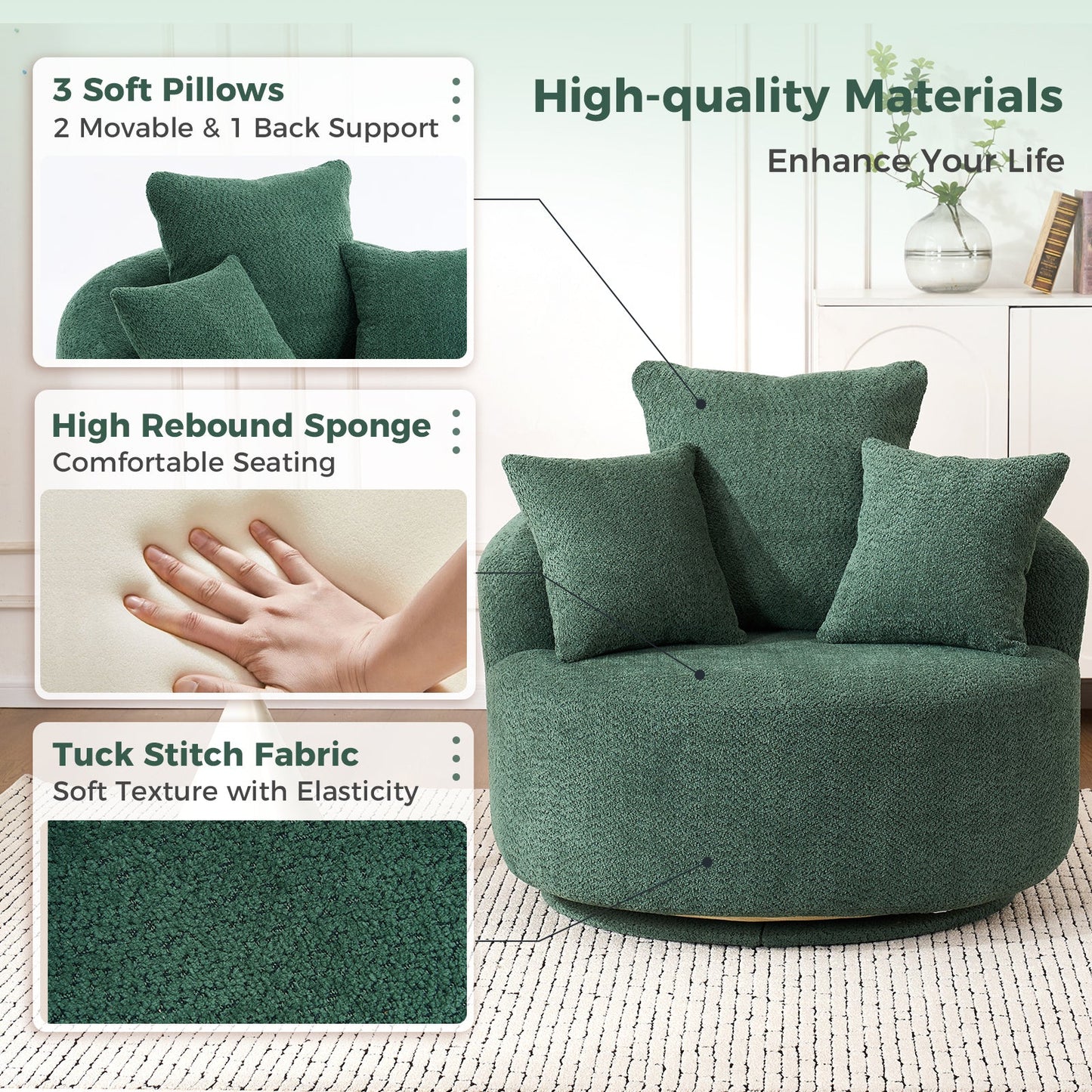 NEW 360° Green Swivel Accent Barrel Round Upholstered Sofa Chair with 3 Removable Pillows