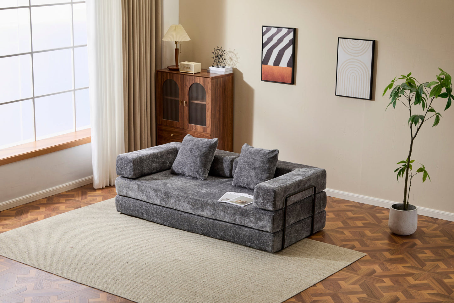 NEW Floor Couch,Compression Sofa,Convertible Floor Sofa Bed-with Pillow Back Support Armrest,Comfy Futon Couch Lounge Sleeper Bed,Chenile fabric,for Living Room Bedroom (DARK-GREY)