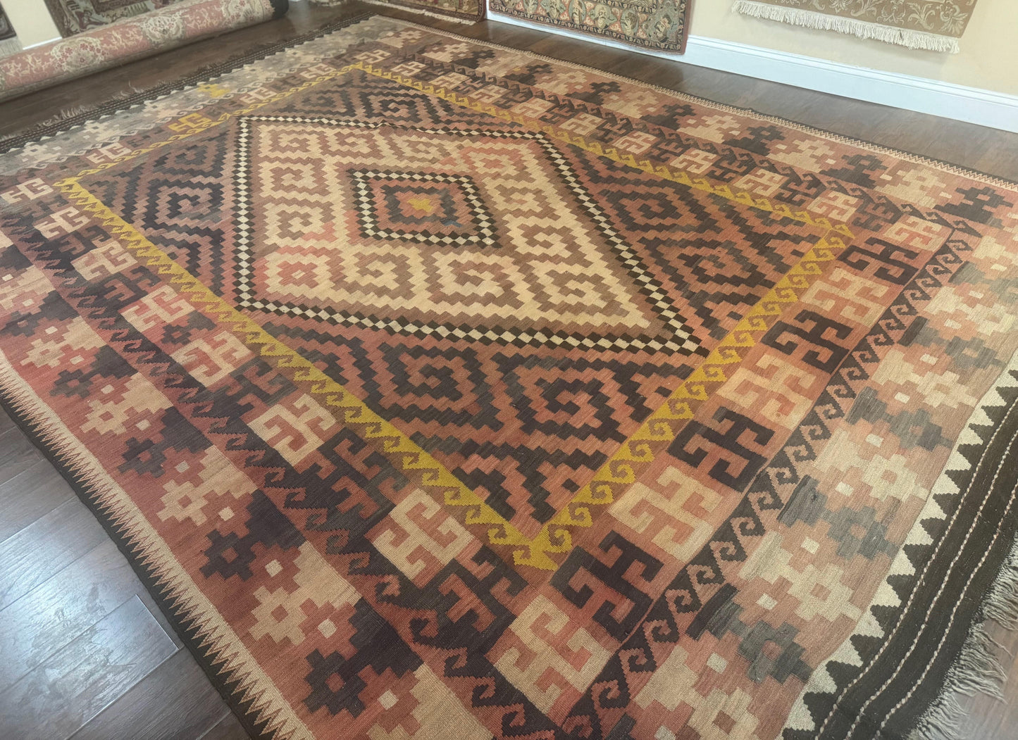 USED Antique Persian Tribal Kilim Rug 9x12, Zig Zag Pattern Kilim, Zarand Rug, Wool, Earth Tone Colors