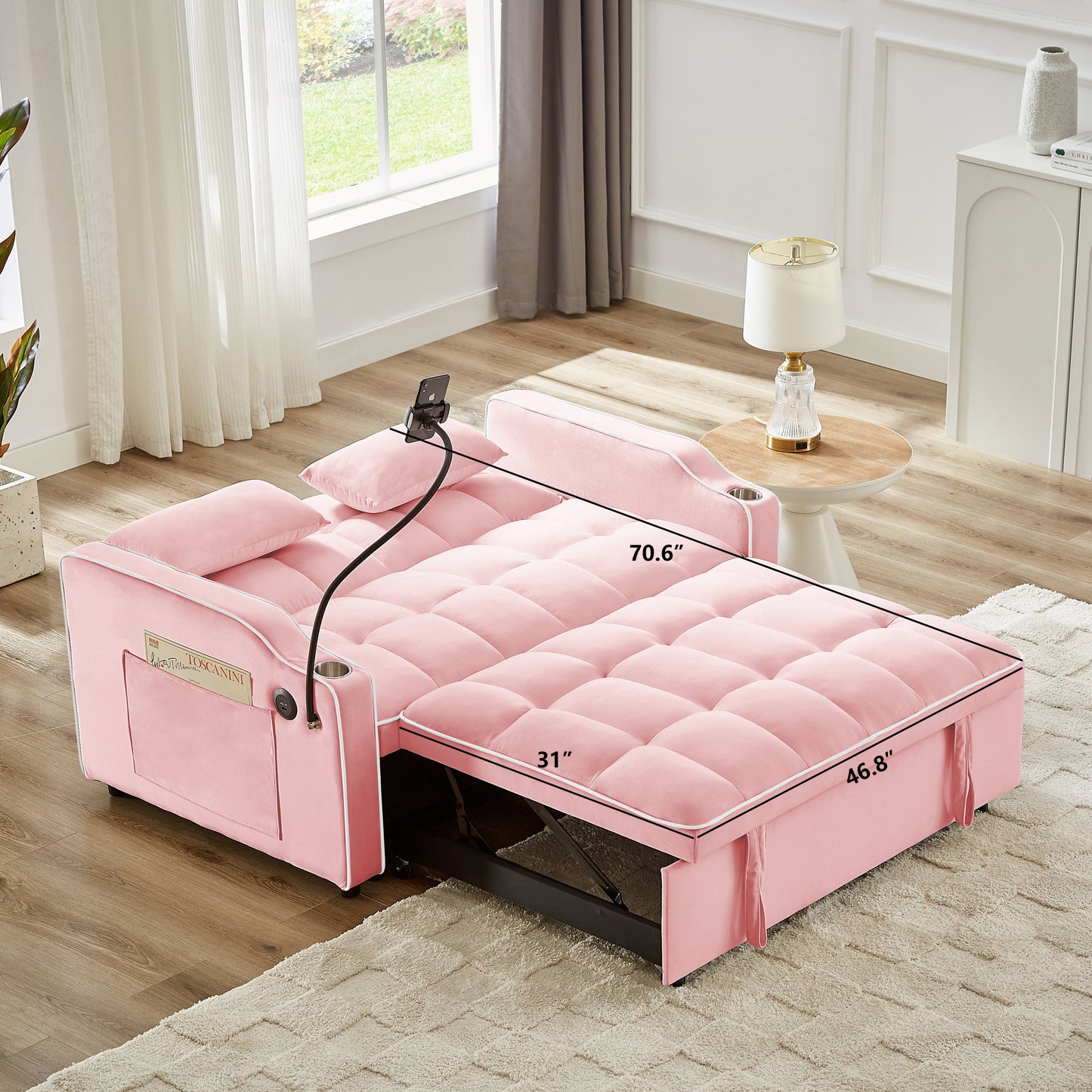 NEW 1 versatile foldable sofa bed in 3 lengths, modern sofa sofa sofa velvet pull-out bed, adjustable back and with USB port and ashtray and swivel phone stand (pink)