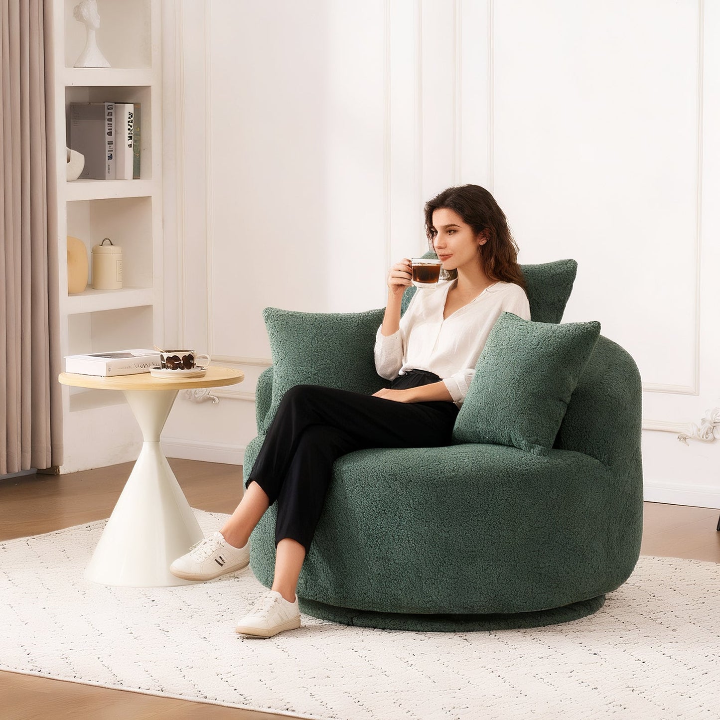 NEW 360° Green Swivel Accent Barrel Round Upholstered Sofa Chair with 3 Removable Pillows