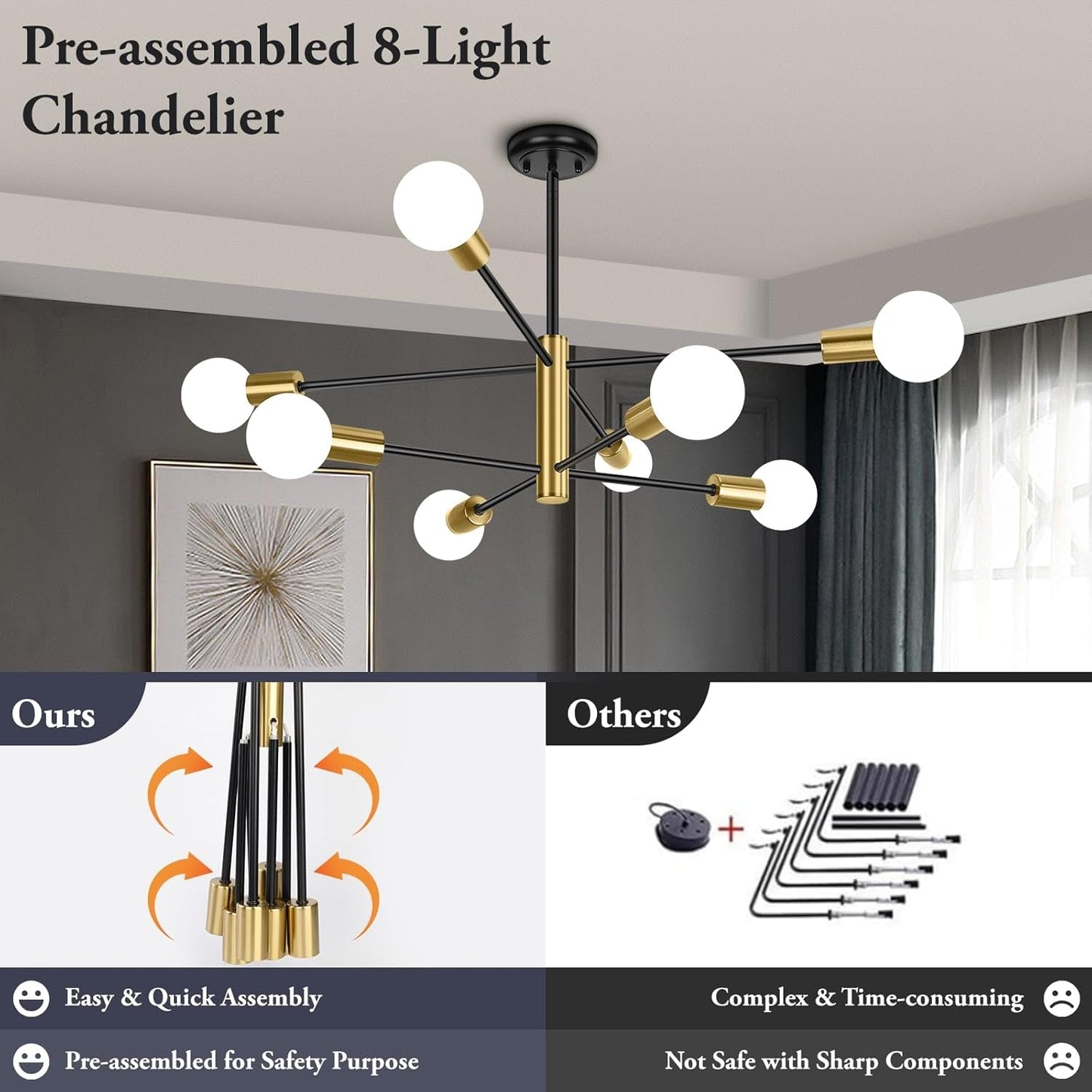 NEW Eight Light Modern Sputnik Chandelier Black And Gold