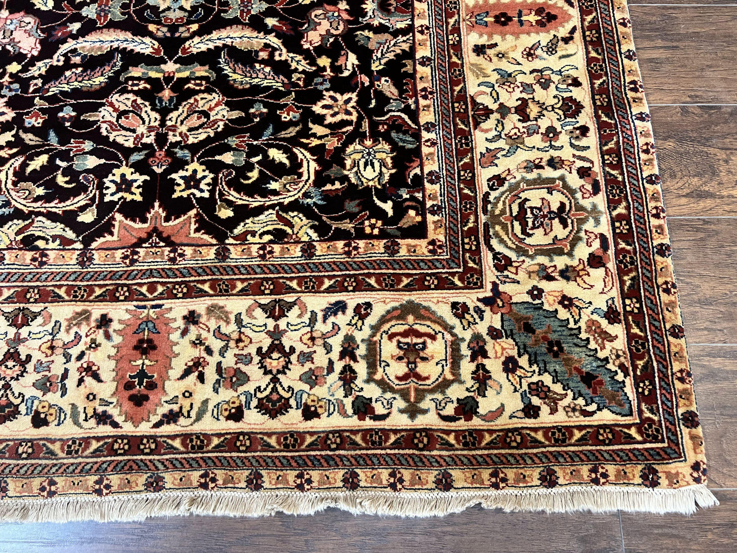 USED Indo Persian Rug 5x15, Wide Runner Rug 5 x 15 ft, Wool Hand Knotted Vintage Carpet, Black & Cream, Floral Allover Long Oriental Rug