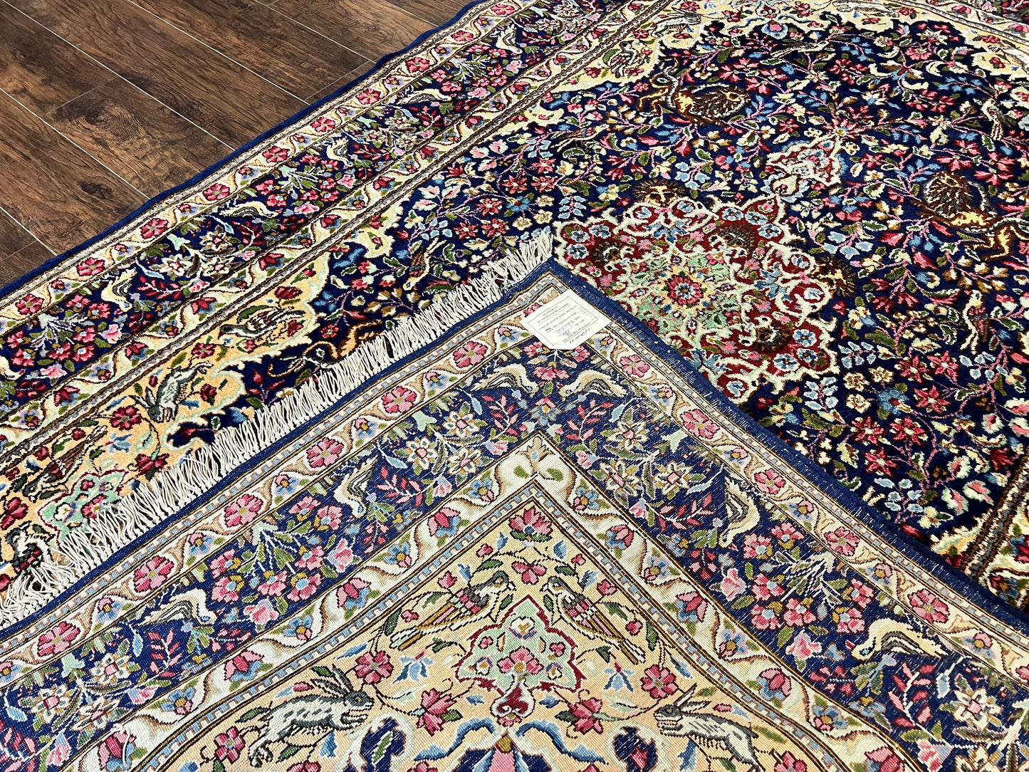 USED Persian Kirman Rug 6x9, Floral Medallion Vintage Wool Handmade Carpet 6 x 9, Animal Pictorials Birds, Semi Antique, Navy Blue, Millefleur