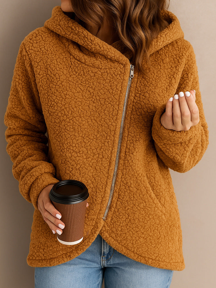 New Casual Loose Lambswool Long Sleeve Zipper Hoodie Coat