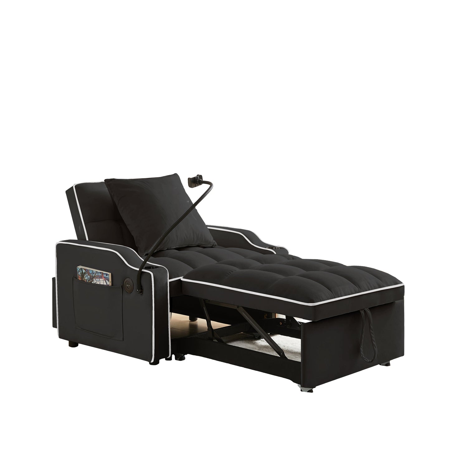 NEW Black Velvet Convertible 3-in-1 Sofa Bed with Multi-Pockets and Adjustable Sleeper
